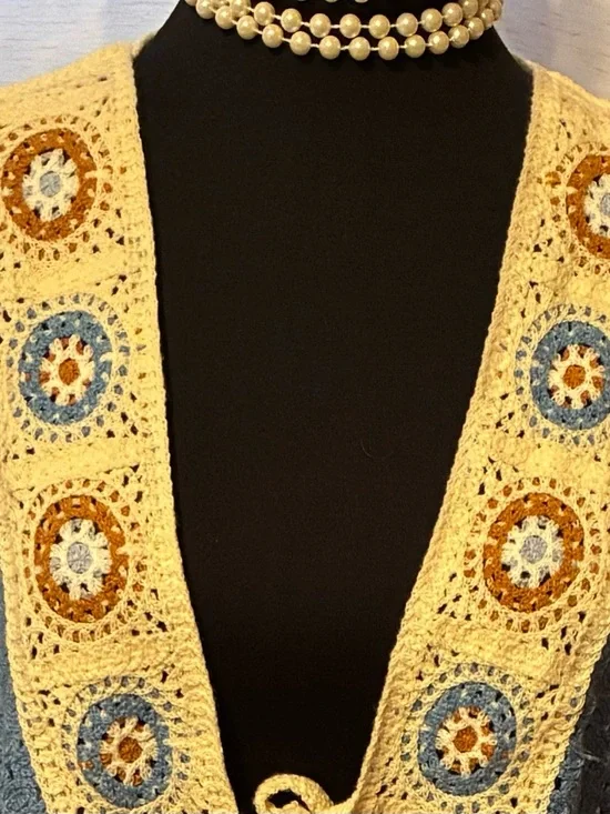 POL Crochet Patchwork Open-Front Sweater Cardigan in Cream, Blue & Brown - Picture 2 of 6